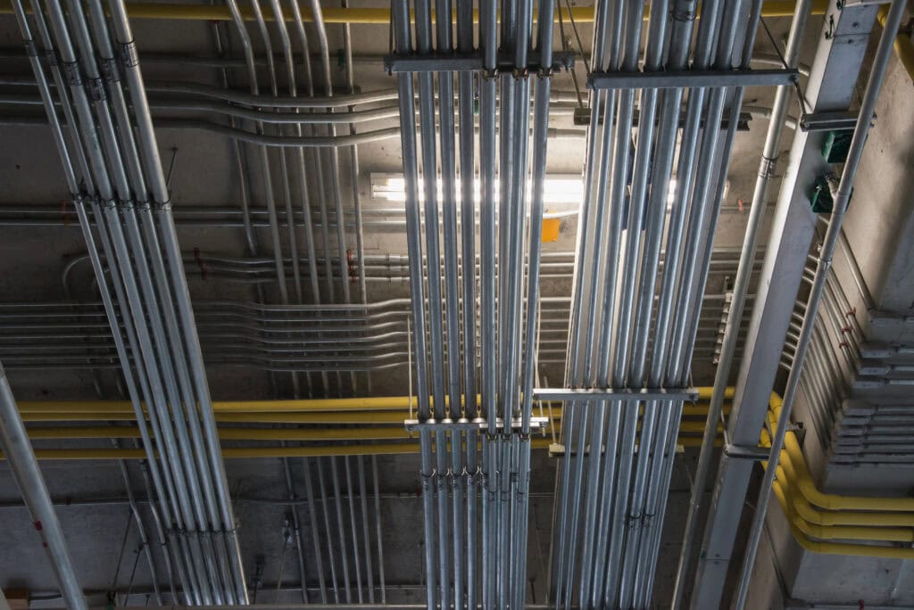 Complex arrangement of electrical conduits.