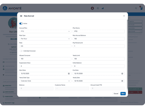 Avionté: Talent record with accruals