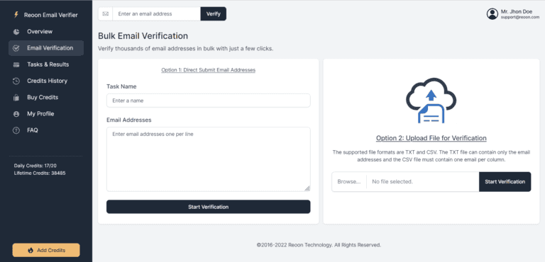 Reoon: Bulk verification upload