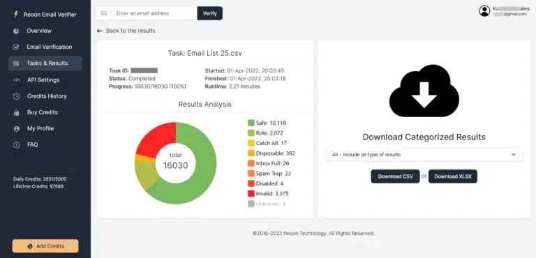 Reoon: Bulk verification results