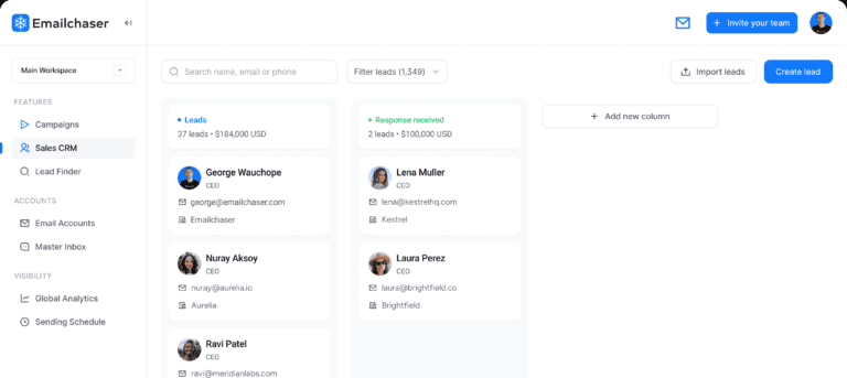 Emailchaser: Sales CRM screen