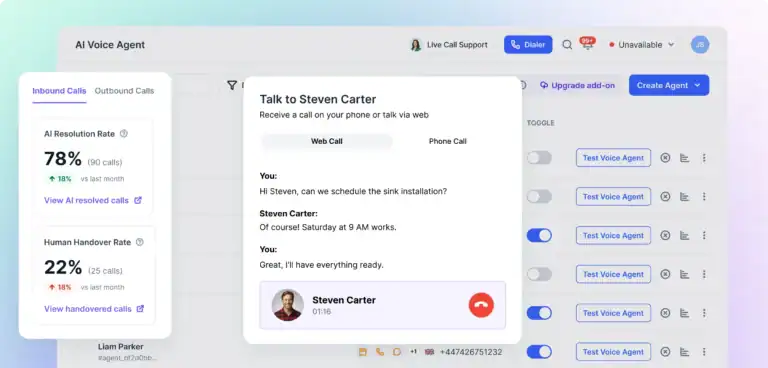 JustCall: AI Voice Agent live call dashboard