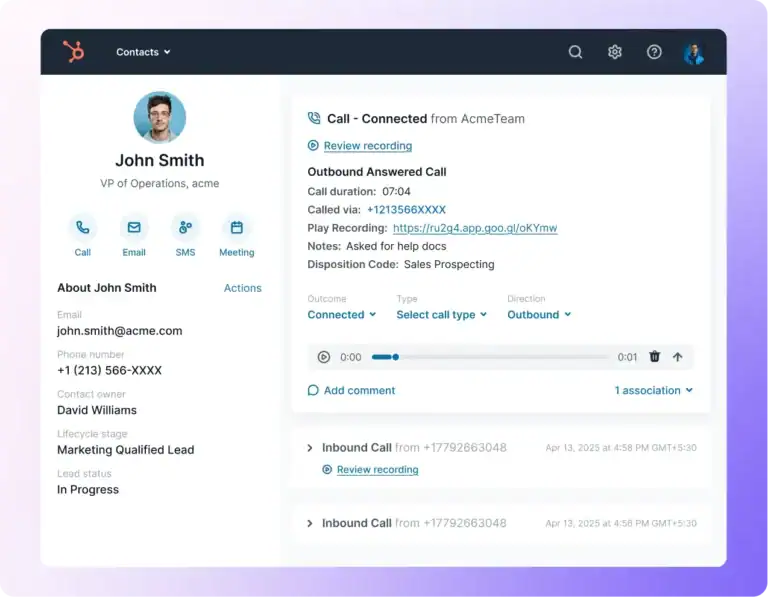 JustCall: HubSpot call log sync