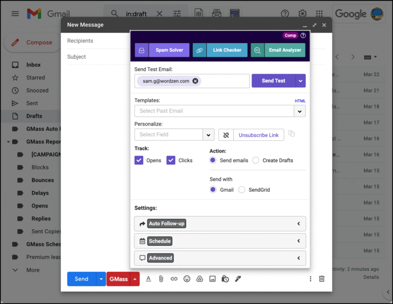 GMass: Settings box