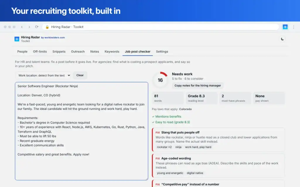 The Toolkit job post checker scoring a job post and flagging Colorado's pay law and off-putting wording