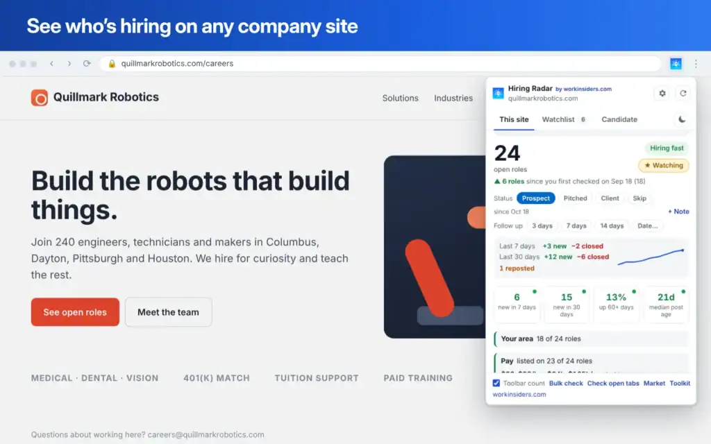 Hiring Radar popup on a company careers page showing 24 open roles, new and closed roles over 7 and 30 days, and roles in your area