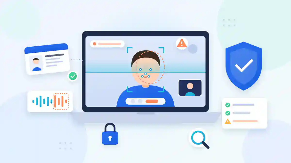 Illustration of a video interview being scanned for a face swap, with an ID match, a voice check and fraud alerts