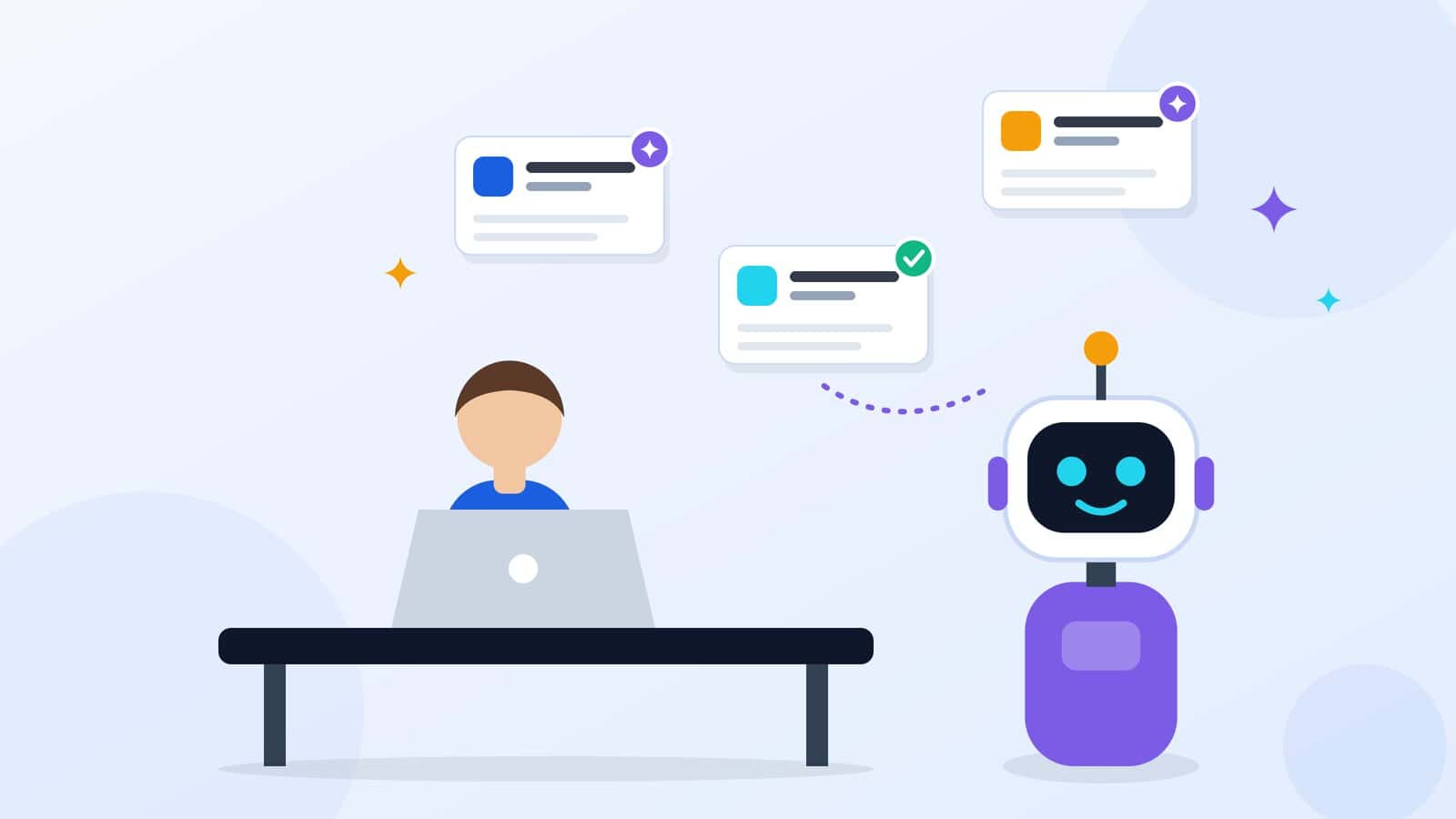 Illustration of a recruiter at a desk with a friendly AI robot assistant passing candidate cards