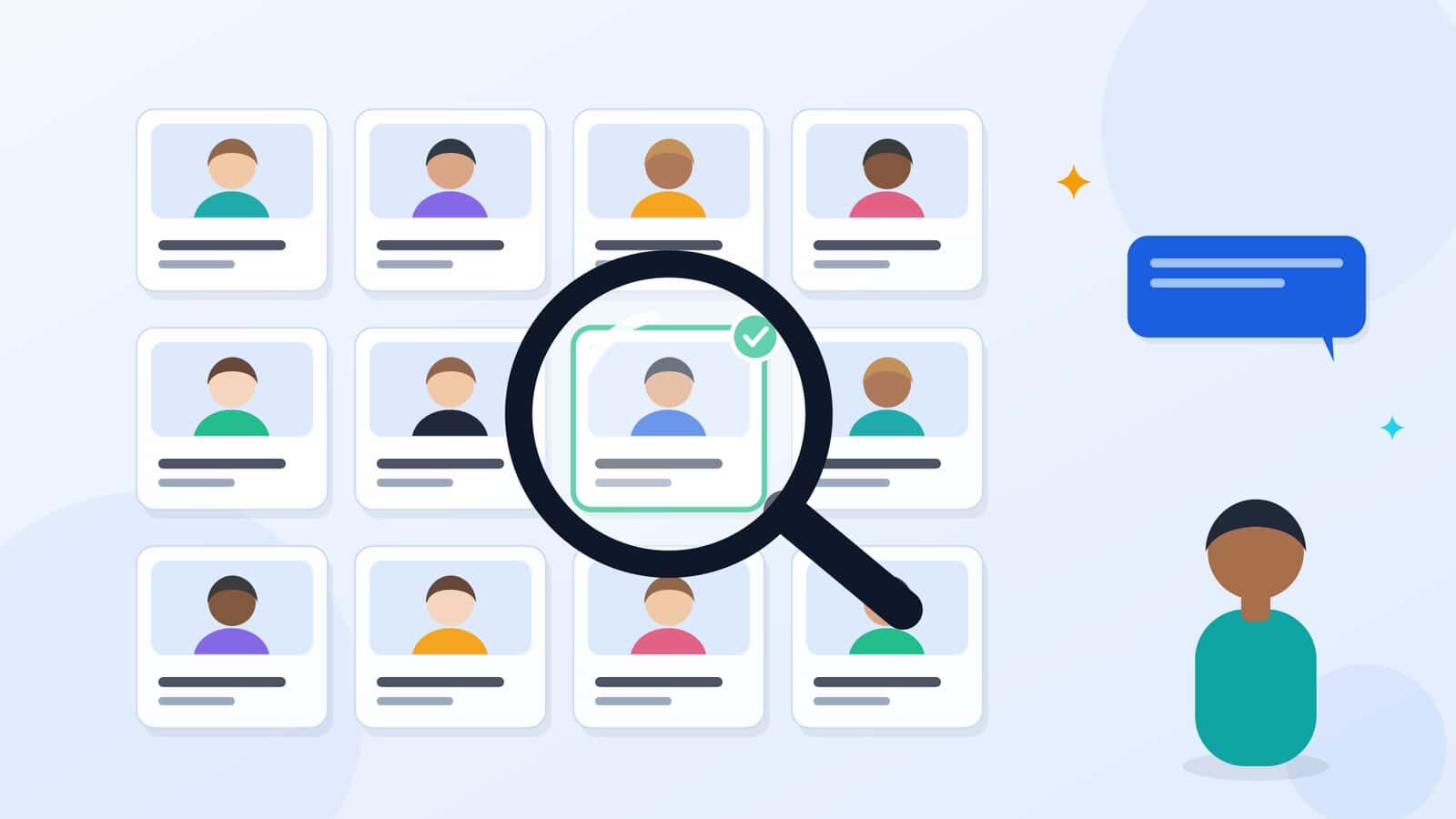 Illustration of a magnifying glass picking out one matching candidate profile from a grid of profiles