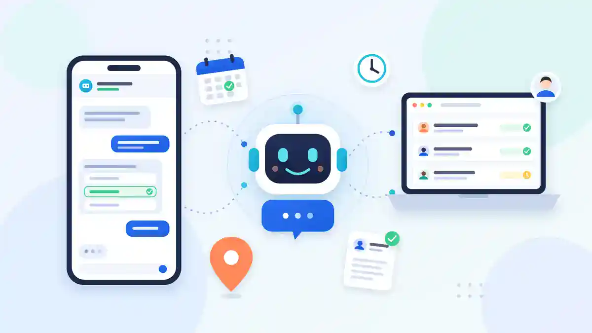 Illustration of a candidate chatting with an AI recruiting assistant that books an interview and passes qualified candidates to a recruiter