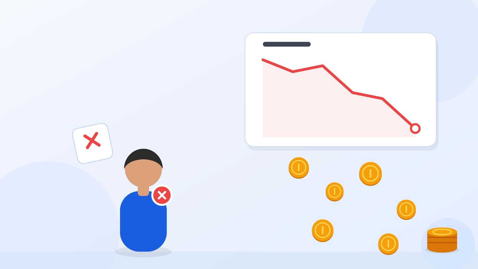 Illustration of a bad hire beside a falling chart and spilling coins
