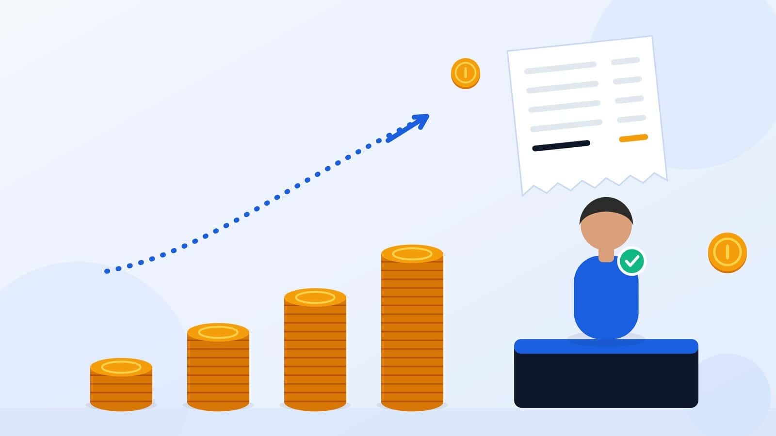 Illustration of rising coin stacks leading to a new hire on a podium with a receipt