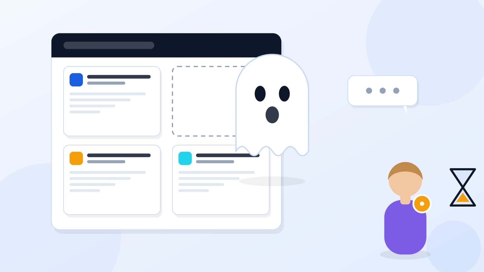Illustration of a ghost floating out of an empty job listing while a candidate waits