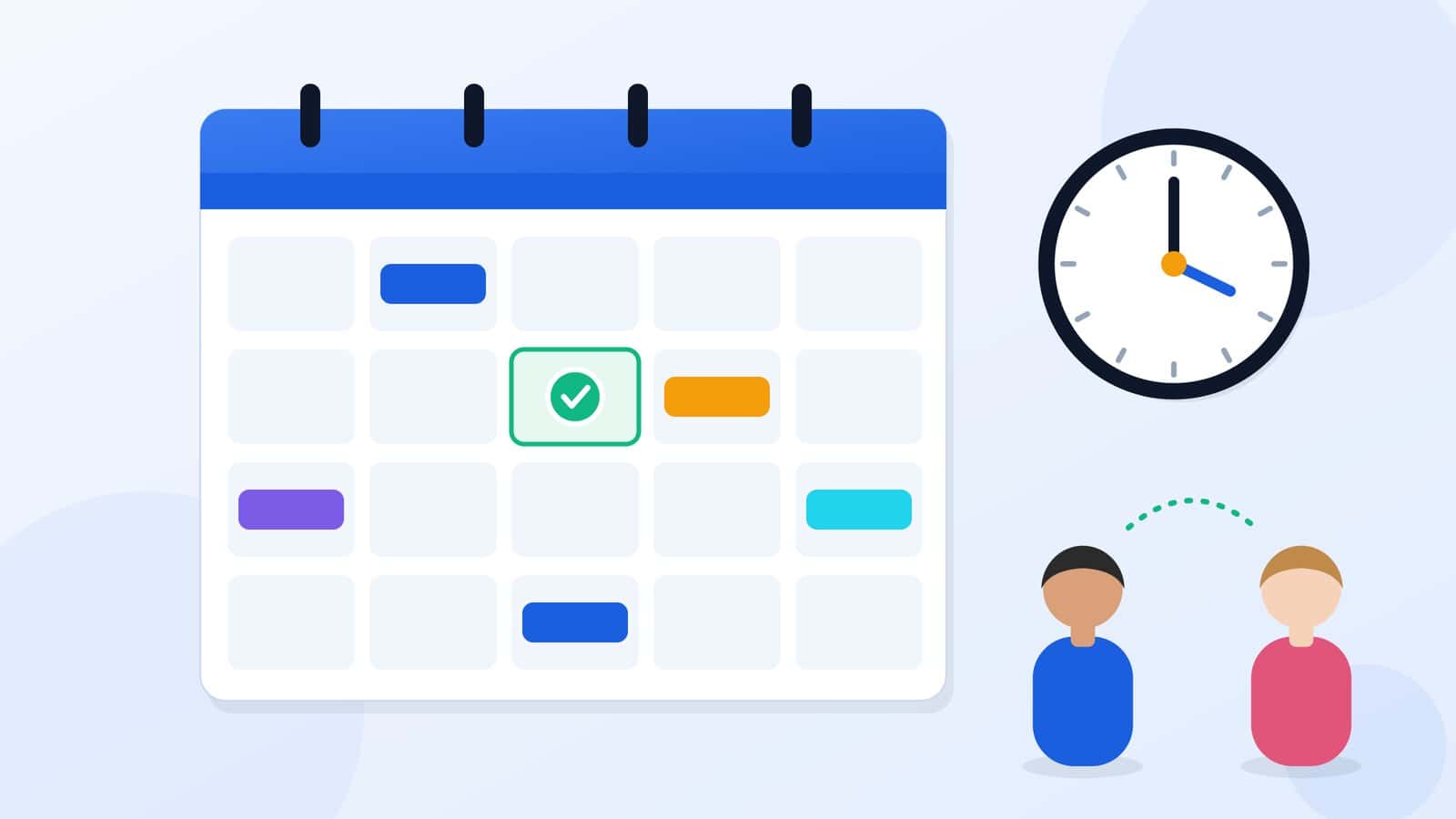 Illustration of an interview calendar with a confirmed slot, a clock and two people