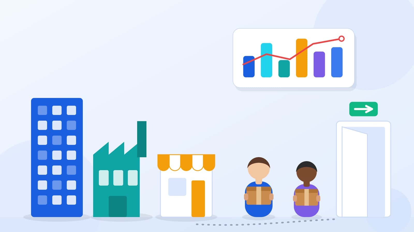 Illustration of workers carrying boxes out of office, factory and store buildings toward an exit door
