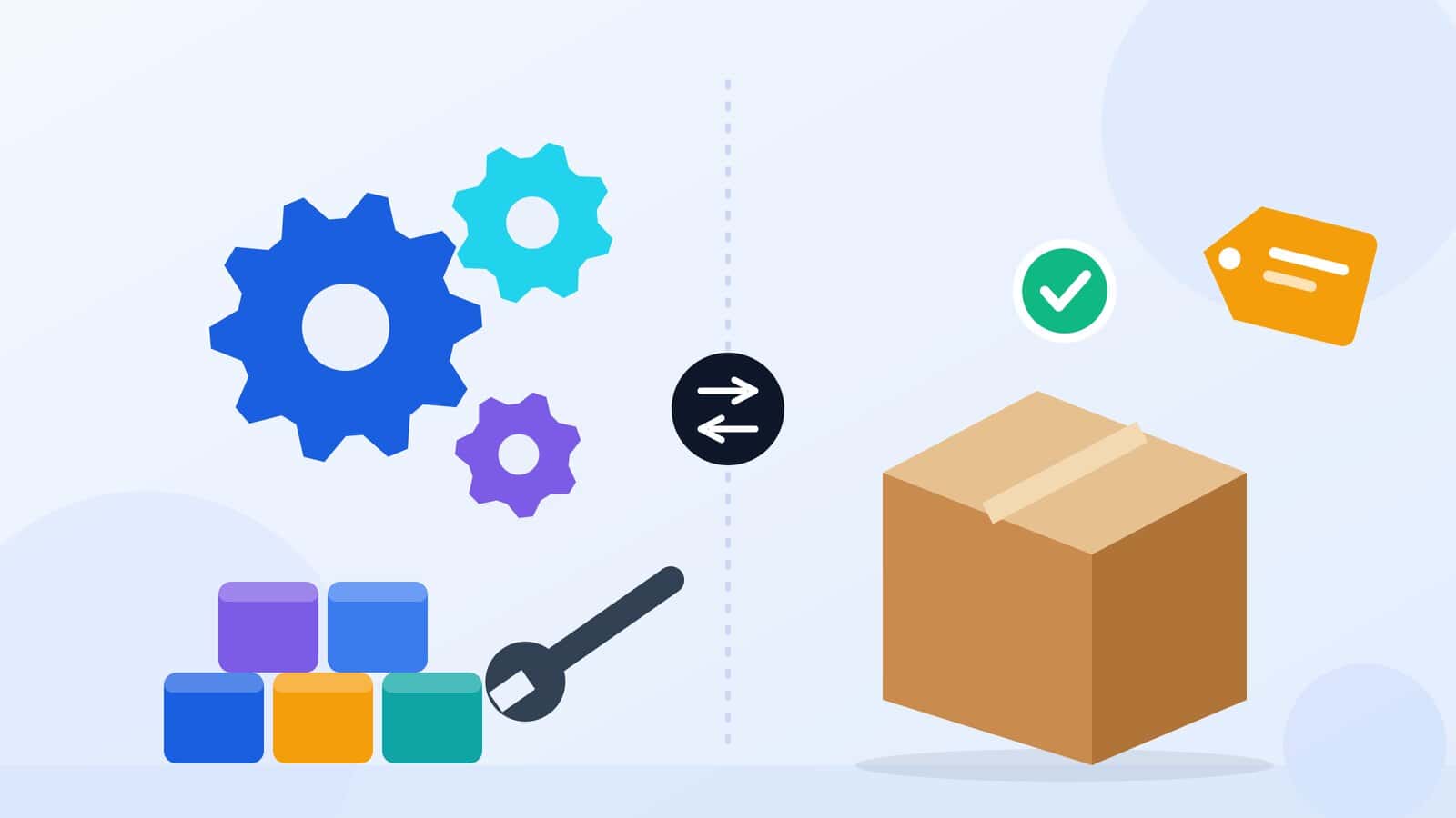 Illustration comparing building automation with gears and blocks against buying a ready made boxed tool