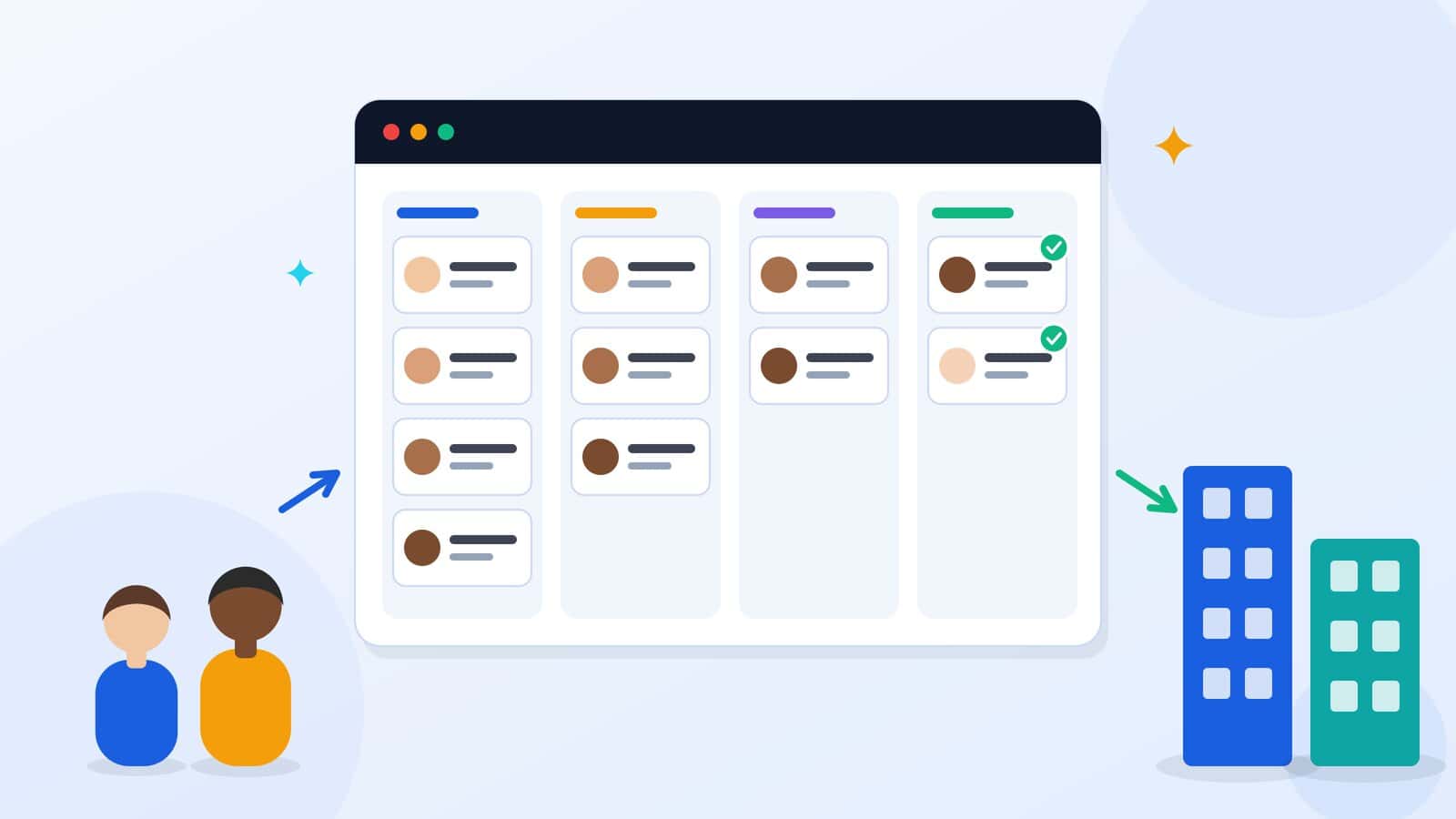 Illustration of a staffing agency dashboard moving candidates from a pipeline to client companies