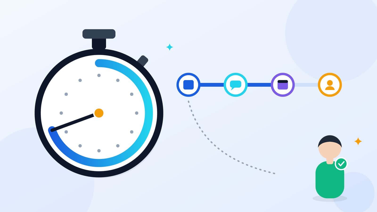 Illustration of a stopwatch beside a hiring timeline that ends with a new hire